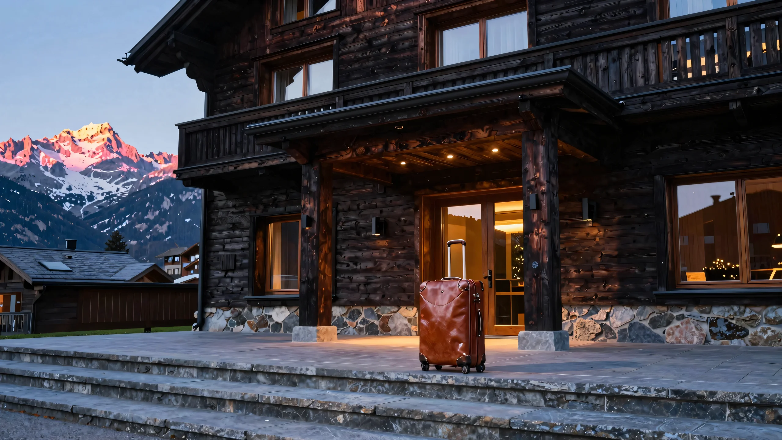 Koffer vor dem erleuchteten Eingang des Hotels