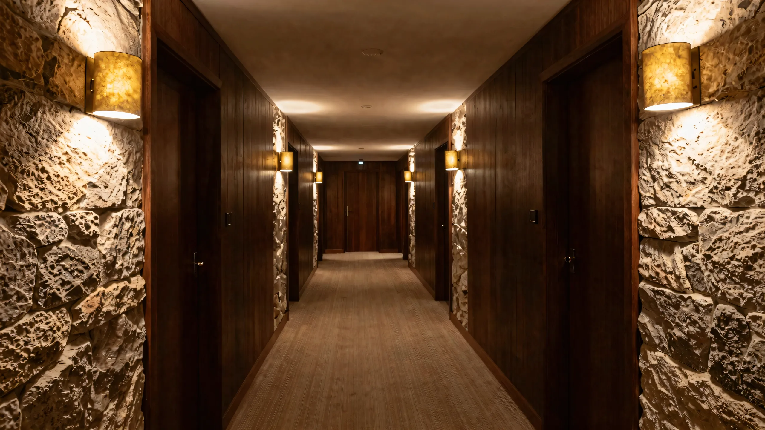 Langer Hotelflur mit Natursteinwänden, Wandleuchten und Zimmertüren