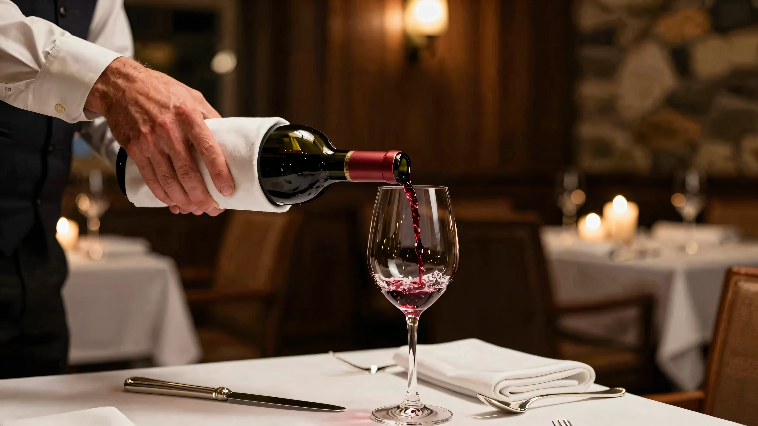 Kellner schenkt im Restaurant Rotwein ins Glas